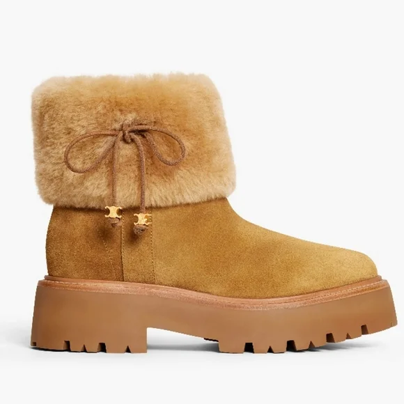 NWT$1,500 CELINE Bulky Brown Suede Triomphe Logo Fur Lined Ankle Boots Sz 36 (6) - Picture 2 of 15
